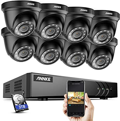 ANNKE Überwachungskamera für den Außenbereich, 5 MP Lite H.265 + DVR mit 3 TB HDD und 8 Kameras 1080p, wasserdicht, Schwarz, Erkennung von Personen/Fahrzeug, Fernzugriff, Alarm per E-Mail