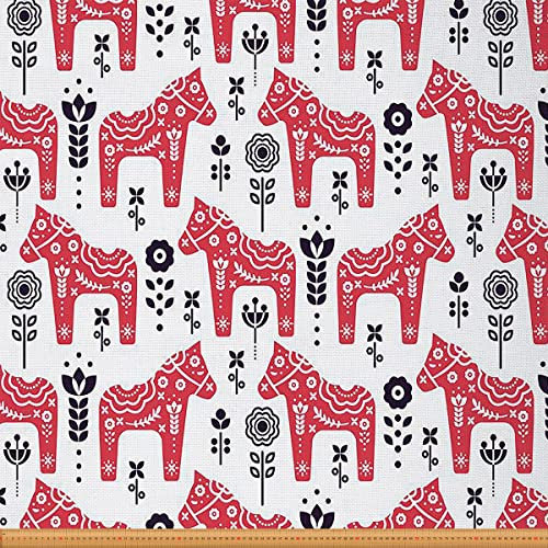 Pferde Polsterstoff Schicker Blumenstoff Meterware Western Cowboy Dekostoff Bauernhoftier Land Drinnen Draußen Stoff Karikatur Stil Rot Schwarz, 92 x 150 (HxB)
