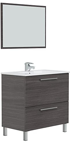 HOMN LIVING Mueble de Baño Luis con 1 cajón 1 Puerta, Espejo y Lavabo cerámico, Acabado en Gris Ceniza, 80 cm (Ancho) x 45 cm (Fondo) x 80 cm (Alto)