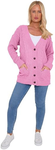 AJFASHION Womans Cardigan Ladies Cable Chunky Knit Cardigan Button Long Sleeves Grandad Cardigans Jumper UK Plus Small Sizes (Baby Pink, UK 16-18)