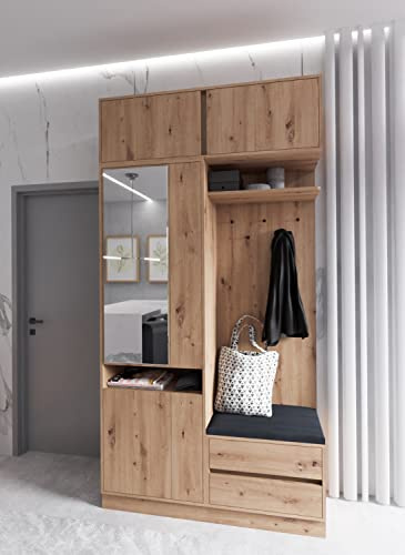Marmex Arti Garderobe mit Verlängerung, mit Spiegel, mit bequemer Sitzplatz, mit Zwei Schubladen, Spiegelschränke, Paneel mit Kleiderbügeln und Schubladen