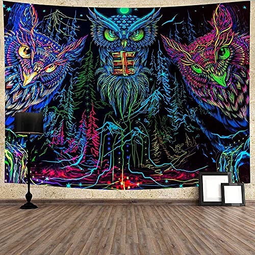 799 Wandteppich Eule Psychedelisch Drei Eulen Bestehend Aus Verschiedenen Farbigen Linien Abstrakt Wandbehang Dekoration Waschbar Picknickdecke, Für Schlafzimmer, Party Dekor, 100x150cm