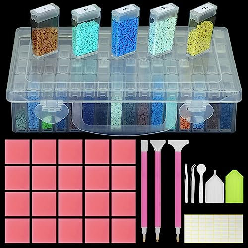DONQL 64 Grids Diamond Painting Storage Boxes,Diamond Art Storage Box,Diamond Painting Accessories with 20Pcs Diamond Painting Clay 3 Drill Pens 2 Trays 1 Spoons and Labels