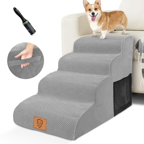 HEVOL Escaliers pour Chiens à 4 Marches,Escalier pour Animaux en Éponge Haute Densité,Rampe Amovible et Lavable pour Chiens, pour Lits de Haute et Canapé