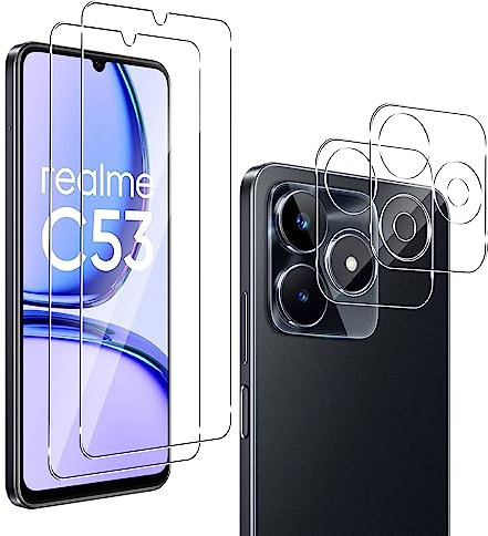 QULLOO [2+ 2 Piezas Protector de Pantalla para Realme C53 + Protector de Lente de cámara,9H Dureza Vidrio Templado Sin Burbujas Film Cristal Templado para Realme C53