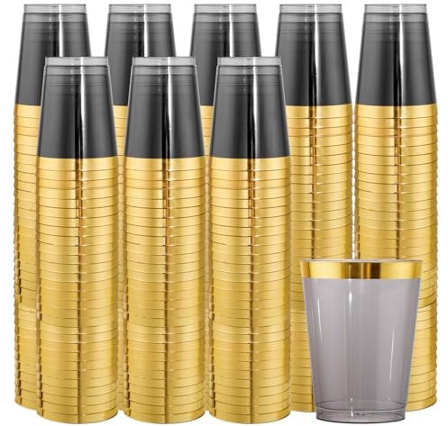 supernal Superrnal 100pcs Gold and Black Plastic Cups 10OZ Elegant Gold Rimmed Plastic Cups Clear Party Cups Fancy Disposable Wedding Cups