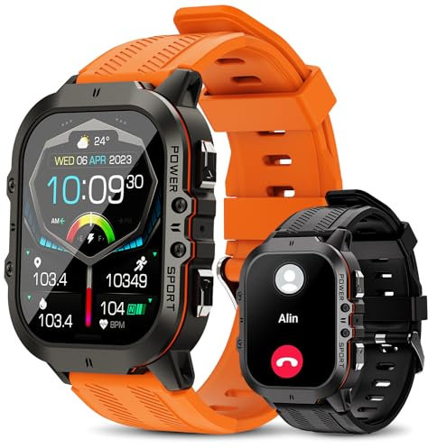 VIRAN Smart Watch for Men (Answer/Make Calls), 1.96'' AMOLED Display Rugged Military Smartwatch with 2 Straps and Heart Rate SpO2 BP Monitor, 100+ Sports Modes Fitness Tracker for Android iOS (Orange)