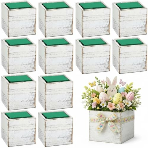 Dandat 12 juegos de macetas cuadradas de madera, macetas de madera, jarrón rústico blanco con forro de plástico extraíble, bloques de espuma floral para centros de mesa, hogar, boda, jardín (4.02 x