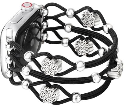 Fivoilin Beaded Bracelet Compatible with Apple Watch Band Bracelet 38mm 40mm 41mm Women, Lucky Clover Apple Watch Band Nylon Strap for iWatch Band SE Ultra &2 Series 9 8 7 6 5 4 3 2 1, S