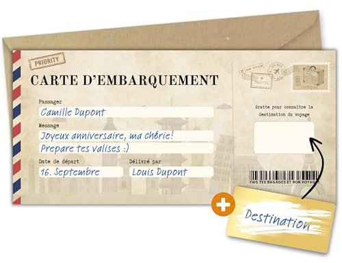 Milijou | Carte à gratter voyage surprise | Chèque cadeau surprise personnalisation destination, carte d'embarquement à gratter, billet avion, annonce anniversaire