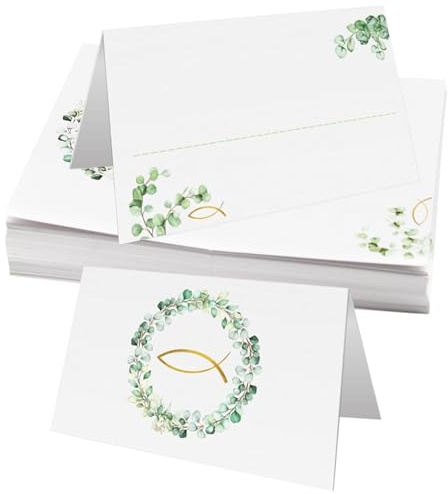 Capgoost 50 Stück Kommunion Platzkarten, Tischkarten Eukalyptus, Tischkarten Kommunion mit Fisch, Namenskarten Blanko Tischdeko, Tischkarten für Hochzeit Bankett Konfirmation Geburtstag Taufe(C)