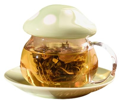 Soulnioi Pilzbecher, Glas-Teetasse mit Teesieb, niedlicher Milchbecher mit Keramikdeckel und Untersetzer, 290 ml, Pilz-Teetasse für Zuhause, Büro, Grün
