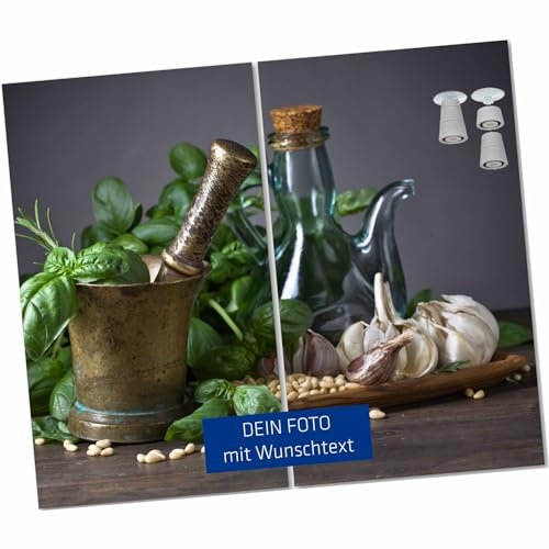 INDIGOS UG Lot de 2 couvercles de plaque de cuisson, 52 x 30 cm, avec photo et texte au choix, en verre véritable, 8 mm, personnalisables, en hauteur, pour plaques de cuisson, planche à découper et