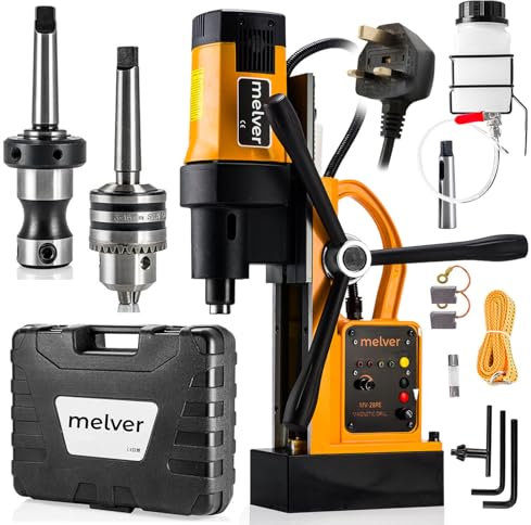 melver Magnetic Drill Press Machine MV-28RE High Power 1800W, 230V Industrial Steel Mag Drill, Reverse Rotation, Drilling up to 80mm Tapping up to M18, Weldon Shank 19 mm, MT3, Accessory Kit Set 2