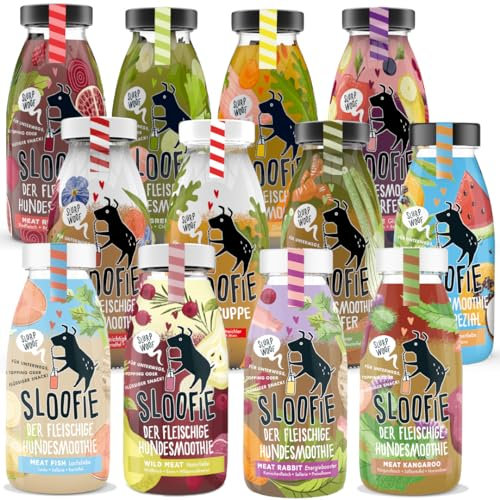 Sloofie der Hundesmoothie, der natürliche Hundesnack, Made in Germany, 12er Kunterbunt mit den Sorten Rind, Pute, Huhn, Pferd,Känguru, Lachs, Kaninchen, REH, Gemüse, Obst, Früchte,Karotte