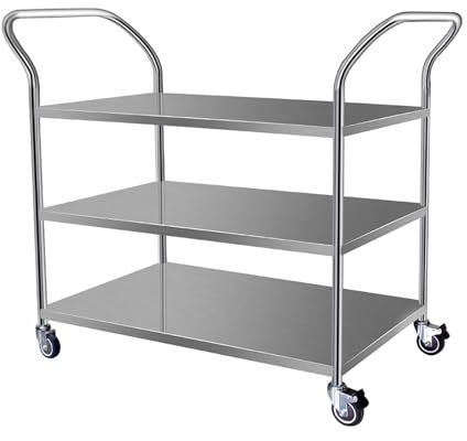 RANGPAN 3-lagiger Klinikwagen mit Tablett, Edelstahlrahmen, Labor-Rollwagen, 360° drehbares Lagerregal, ergonomischer Griff, für Garage, Werkstatt, Lager und Reparaturwerkstatt