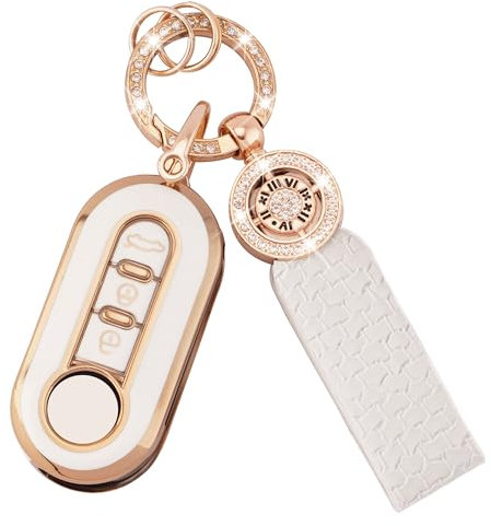 Koaudb Housse pour clés de Voiture pour Fiat 500 Brava Ducato Fiorino Panda Scudo Qubo Grande Punto 3 Boutons avec Porte-clés étui de Protection Totale en TPU Souple Blanc avec Or (C-Fia)