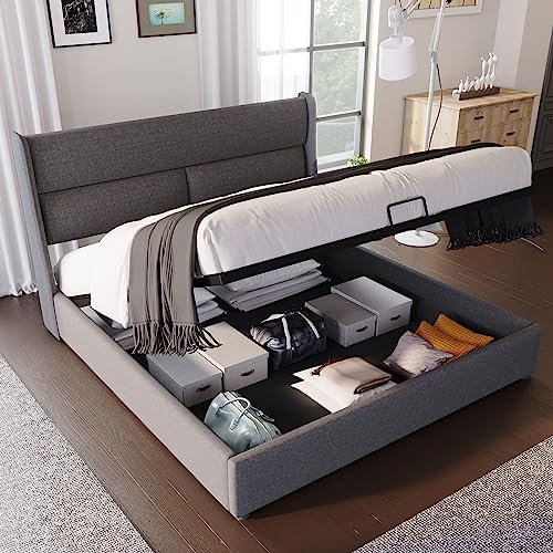 Rtopsu Polsterbett Doppelbett 140x200 cm mit Verstellbare Kopfstützen Kopfteil, Bett mit Stauraum, Stauraumbett mit Hydraulische Metallrahmen und Lattenrost aus Holz, Leinen, Grau, Ohne Matratze
