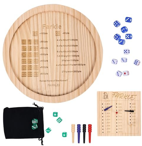 Holz Farkle Würfeltablett Set, Farkle-Klassiker-Würfelspiel mit 30cm Tablett 6 Perlenwürfeln 1 Punkteblock und 4 Markern Halter für Das Klassische Familienspiel