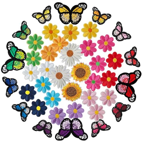 CXWLJL 42PCS Sunflower Iron on Patch, Sunflower Butterfly Daisy Flower Iron on Patch Set for Dresses, Skirts, Hats, Jeans, DIY Accessories
