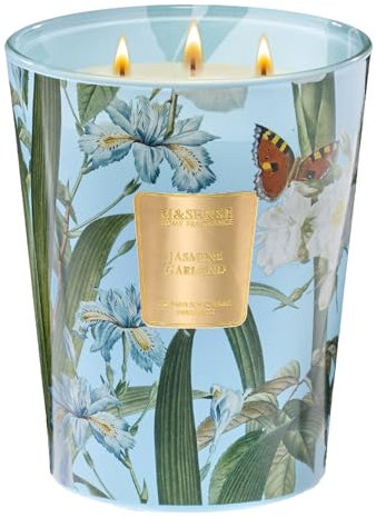 M&SENSE Jasmin Duftkerze im Glas groß 3 Dochte stark duftende 990g 150 Stunden lange Brennzeit natürliche Sojakerze Aromatherapiekerze für Stressabbau, Meditation, Yoga, Spa