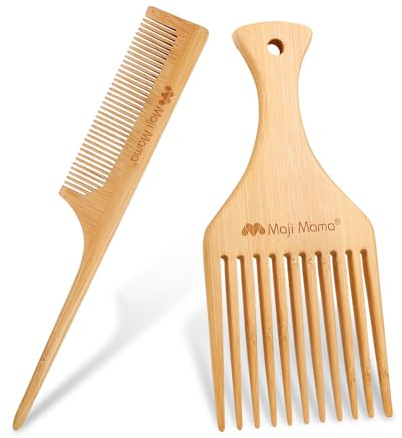 Maji Mama Natural Bamboo Hair Pick Fine Wide Tooth Wooden Afro Pick For Beard Curly Wave Thick Thin Hair,Rat Tail Comb For Teasing Strands & Post Styling For Men or Women (Natural Hair Pick Set)