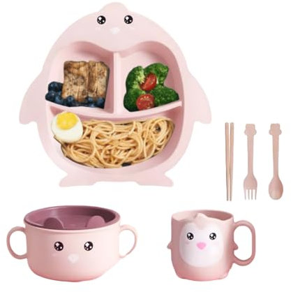 Essenset Rosa Pinguin - Baby Geschirr Set mit Pinguin-Motiv für Mädchen - Teller, Schüssel, Becher & Besteck