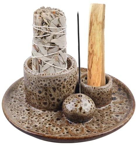 Bac à encens 4 en 1, porte-encens multifonction, en céramique, support Palo Santo avec plateau récupérateur de cendres, plateau en céramique pour méditation, yoga