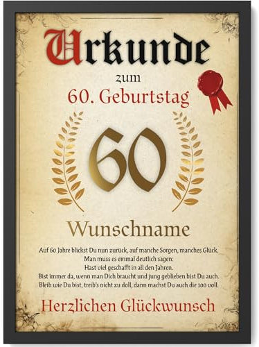Papierschmiede® Personalisierte Urkunde zum 60. Geburtstag Geschenk Frauen Männer 60 Jahre Geburtstagskarte Geburtstagsgeschenk 60. Geburtstag personalisierbar Geburtstagsurkunde Jahrgang 1965