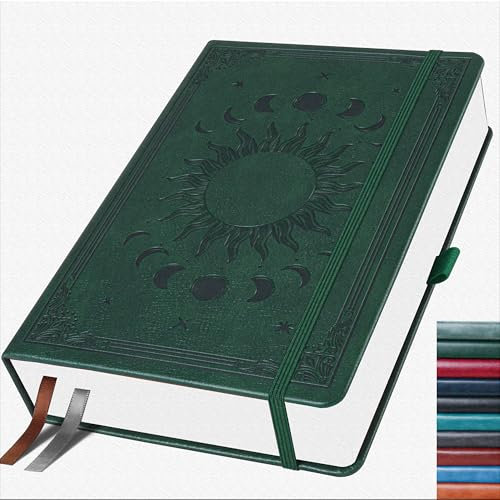 HwxBen Bullet Dotted Journal, Gepunktetes Notizbuch, 256 Seiten, 140 gsm Tintenfestes Papier, PU Hard Cover, Elastisches Band, Innentasche, Für Arbeit, Büro und Schule, 14,5 x 21 cm (Dunkelgrün)