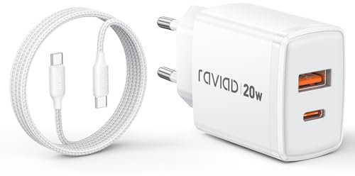 RAVIAD 20W Chargeur USB C Charge Rapide, Chargeur Rapide à USBA et C, Chargeur iPhone avec Câble USB C 2M pour iPhone 16 15 14 13 Pro Max, Samsung Galaxy S25 S24 S23 Ultra S22, Pad, Macbook