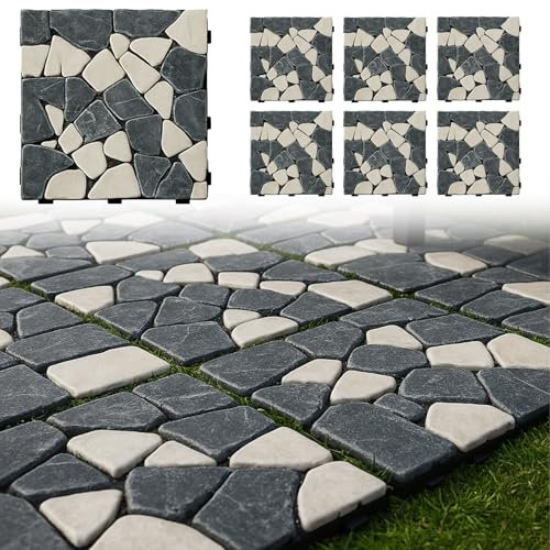 MAKA Pavimento a Incastro per Esterno in Pietra, Piastrelle 30x30 cm Giardino a Incastro, Mattonelle Facili da Installare per Balcone, Terrazzo con Drenaggio Acqua (Bianco/Grigio, 6 Piastrelle 0,5 mq)