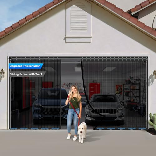 Sliding Garage Door Screen 16x7FT for 2 Car Garage Doors, Fiberglass 4200g/9.3 lb Durable Heavy Duty Mesh, Retractable Garage Door Screen for Patio, Outdoor (Black, 16 * 7FT)