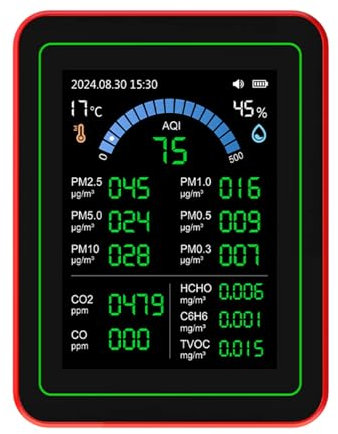 Pyhodi Innenluftqualitätsmessgerät, 18 in 1 CO2 TVOC HCHO PM2.5 PM10 TEMP -Luftfeuchtigkeit Datenspeicher Schwarz, mit 2,8 -Zoll -HD -Bildschirm 7H -Batterie, Hochempfindliche