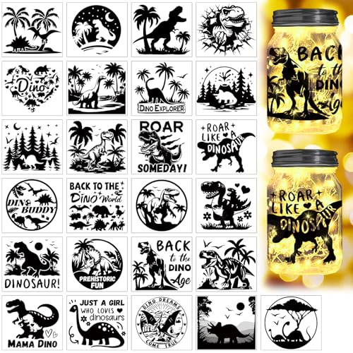 Peacoblue Dinosaurs Silhouette Cutouts for Jars Mason Can Glass, Wishing Bottle Decor, 25Pcs Durable Silhouette for Lantern DIY Craft Kit Jar Decals Church Christmas Home Garden Decor