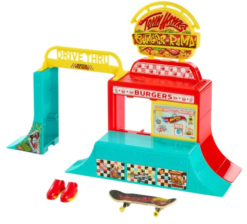 Hot Wheels Skate Burger Spot con Fingerboard y Zapatillas | Fingerboard exclusivo y par de zapatillas extraíbles, rampa desmontable, rail de grind y varias configuraciones, JHV83