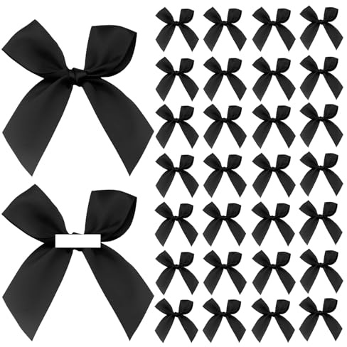 Black Satin Bows, 8CM Pre-Tied with Sticky Gel Pads, 30 PCS | Lustrous Black Satin Bows, Pre-Attached Gel Pads, Suitable for Gift Wrapping Weddings Parties DIY Crafts Christmas Tree