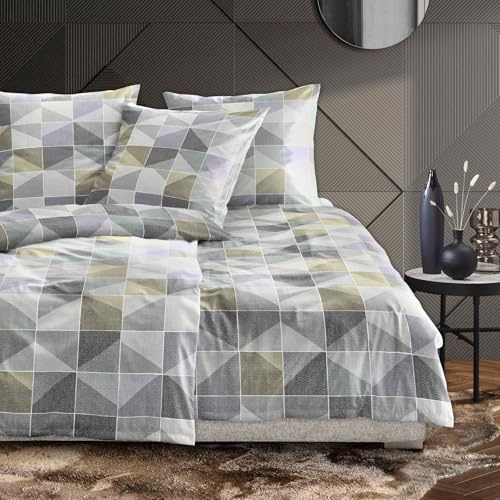 Irisette Feinbiber Bettwäsche 8646-30 Geometrisch Grau Gelb 135x200, 100% Baumwolle, warm, weich, atmungsaktiv, hautfreundlich, pflegeleicht, bügelleicht, mit Reißverschluss