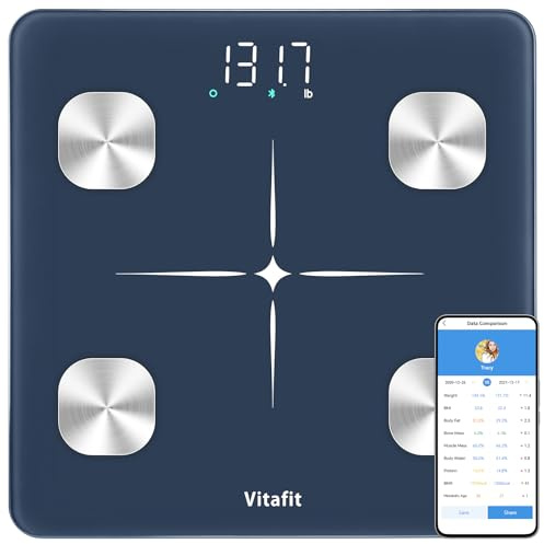 Vitafit Personenwaage Körperfettwaage mit APP 180kg, Hohe Genauigkeit Zugesichert bis Professionelle Fabrik SEIT 2001, Waage Personen mit Bluetooth Körperfett, BMI, Muskelmasse, Blau