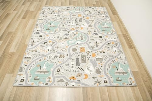 AKCILA Kinderteppich Pastell Straßen Grau, Minze 200x300 cm Teppiche für EIN Kinderzimmer mit kurzem Flor, Teppich für einen Jungen, Mädchen, Kinderteppich, Spielteppich, Kids Carpet, Schiffe, See