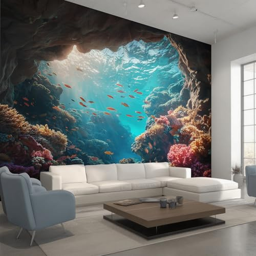 Generisch Vlies Fototapete Unterwasserwelt 350x256 cm, Tapete Blau Tapeten Vliestapete Wohnzimmer Meeresboden Unterwasser Schlafzimmer Wandtapete Ornamente Mustertapete W&53