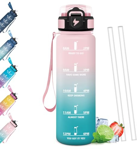 Mulbijeo Borraccia 1 Litro, Libre de BPA & Reutilizables, Borracce con Cannuccia, A Prova di Perdita, Borracce Palestra, Portatile, Borraccia Motivazionale per Scuola, Palestra, Ufficio, Festa