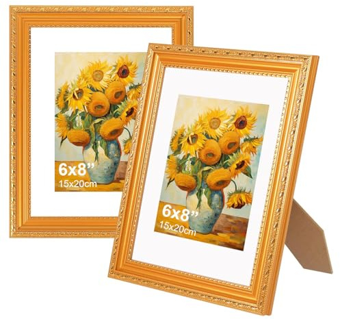HURODZ Bilderrahmen A5 Gold, 2er Set Bilderrahmen 15x20CM | Holzrahmen Fotorahmen Barock Vintage Rahmen Wand Geeignet für Vintage Dekorationen für Wohnzimmer, Büro Oder Galerie