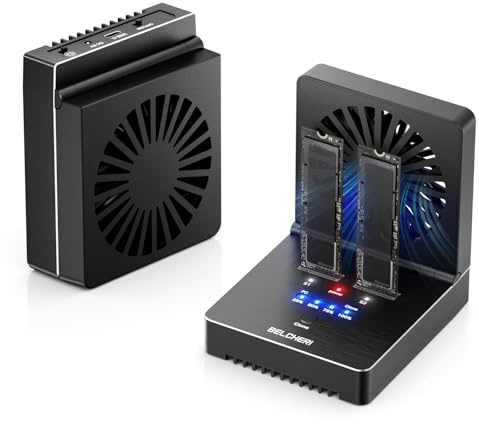 BELCHERI M.2 NVMe SATA SSD Cloner Dock, USB 3.2 Gen 2 20Gbit/s, Mit faltbarem Kühlventilator, Unterstützt Offline-Klonen, UASP & Trim, Aluminium-Design