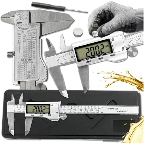 KRUMAD Messschieber Digital, Digitaler Präzises Messgerät, Schieblehre | 150 mm, Edehlastahl mit Farbverpackung, LCD Display, Messgenauigkeit: 0,01 mm, Messung: Außen/Innen, LR44, 1,5 V, Silber