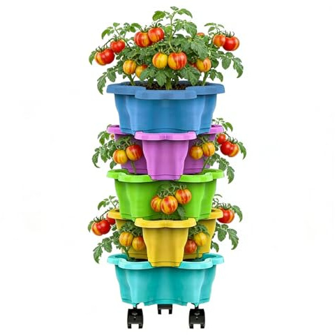 DzpKrka Vaso Impilabile Per Ortaggi 5 Piani, 25x10 Cm Vaso Impilabile Con Drenaggio Sicuro, Fioriera Da Giardino Verticale, Fioriera Per Fragole Rotolante Con Ruota, Torre Per Fragole A Strati,