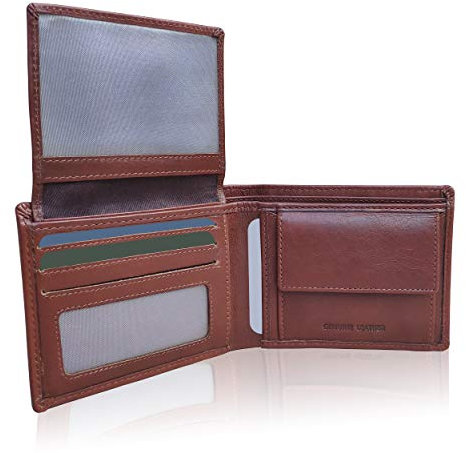 KORUMA Mens Premium Genuine Leather Trifold Wallet Smart Credit Card Blocker and Coin Pocket with RFID – Cognac 3-in-1 Wallet