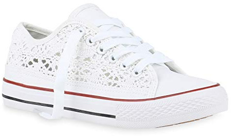 stiefelparadies Damen Sneaker Low Turnschuhe Schnürer Spitzenstoff Schuhe Modische Stoff Freizeitschuhe 184949 Weiss Spitze 37 Flandell