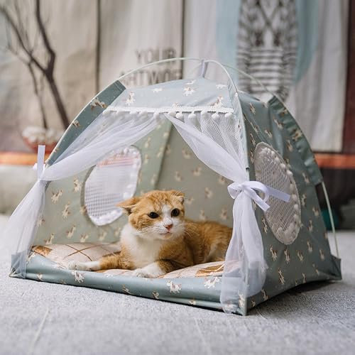 Tente Lit Portable Tipi pour Chiens Chats Lapins - Niche avec Coussin Amovible, Moustiquaire, Fenêtre Respirante - Jouet et Panier pour Chaton - Maison Voyage Camping