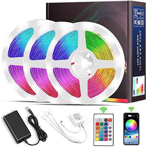 Ruban LED, 15M 450LEDs Bande LED RGB Corde lumineuse Couleur SMD5050 Kit de Bande LED Lumineuse avec Contrôleur Bluetooth Sync à la Musique pour Chambre Accueil Cuisine